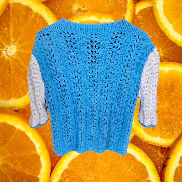 Hank Knit Handmade Short Sleeve Cardigan Blue and White - Picture 5 of 5